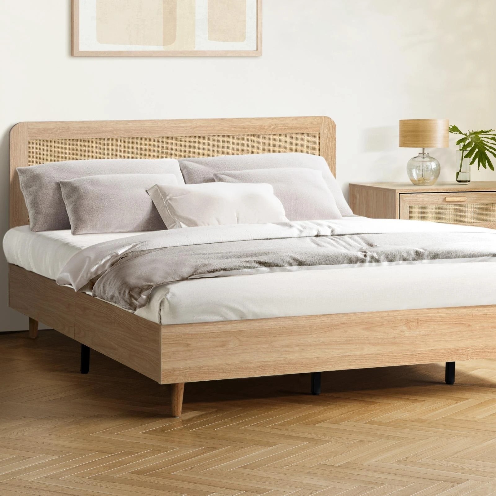 2 Oikiture King Bed Wooden Bed Frame With Rattan Headboard
 - Natural, 2 of 10