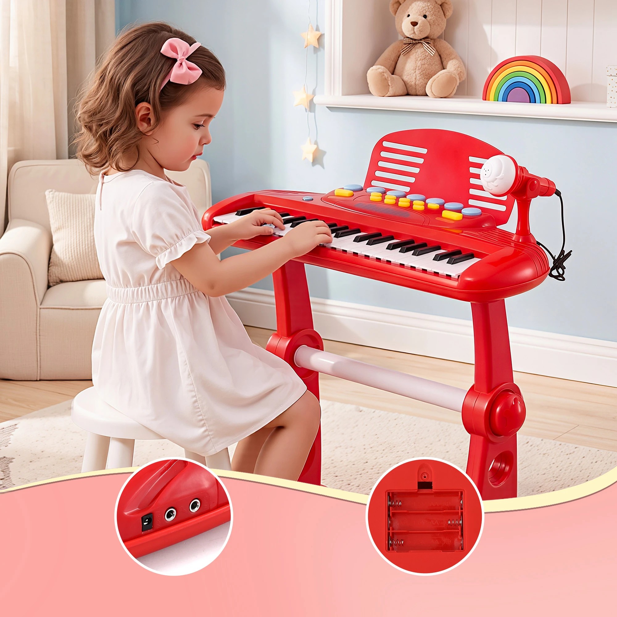 9 Keezi Kids Piano Keyboard 37 Keys Electronic Musical Instrument Set w/ Stool Microphone - Red, 9 of 9