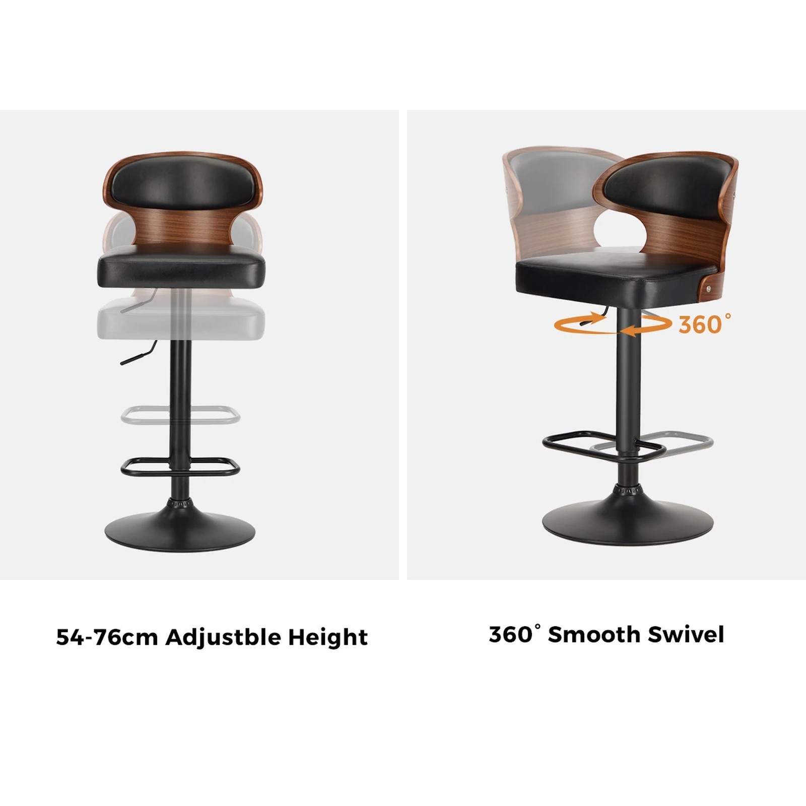 4 Oikiture 4x Bar Stools Kitchen Gas Lift Swivel Chairs Stool Wooden Barstool - Black, 4 of 9