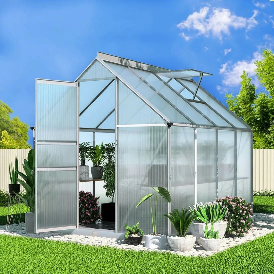 6 Green Fingers Greenhouse Aluminium Polycarbonate Green House Garden Shed - Clear, 6 of 6
