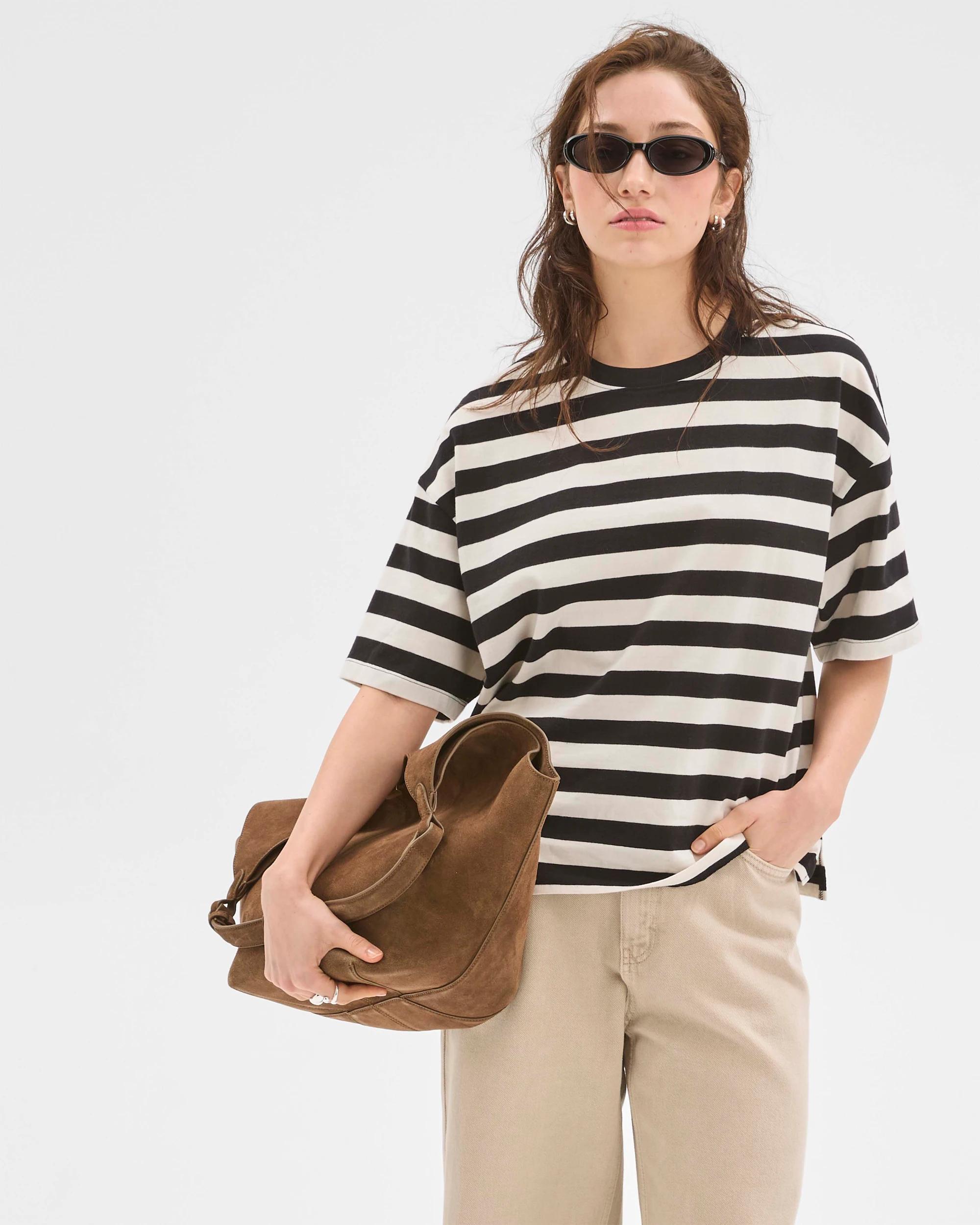 1 Lily Loves Australian Cotton Oversized Boxy Printed T-Shirt BLACK AND WHITE STRIPE, 1 of 7