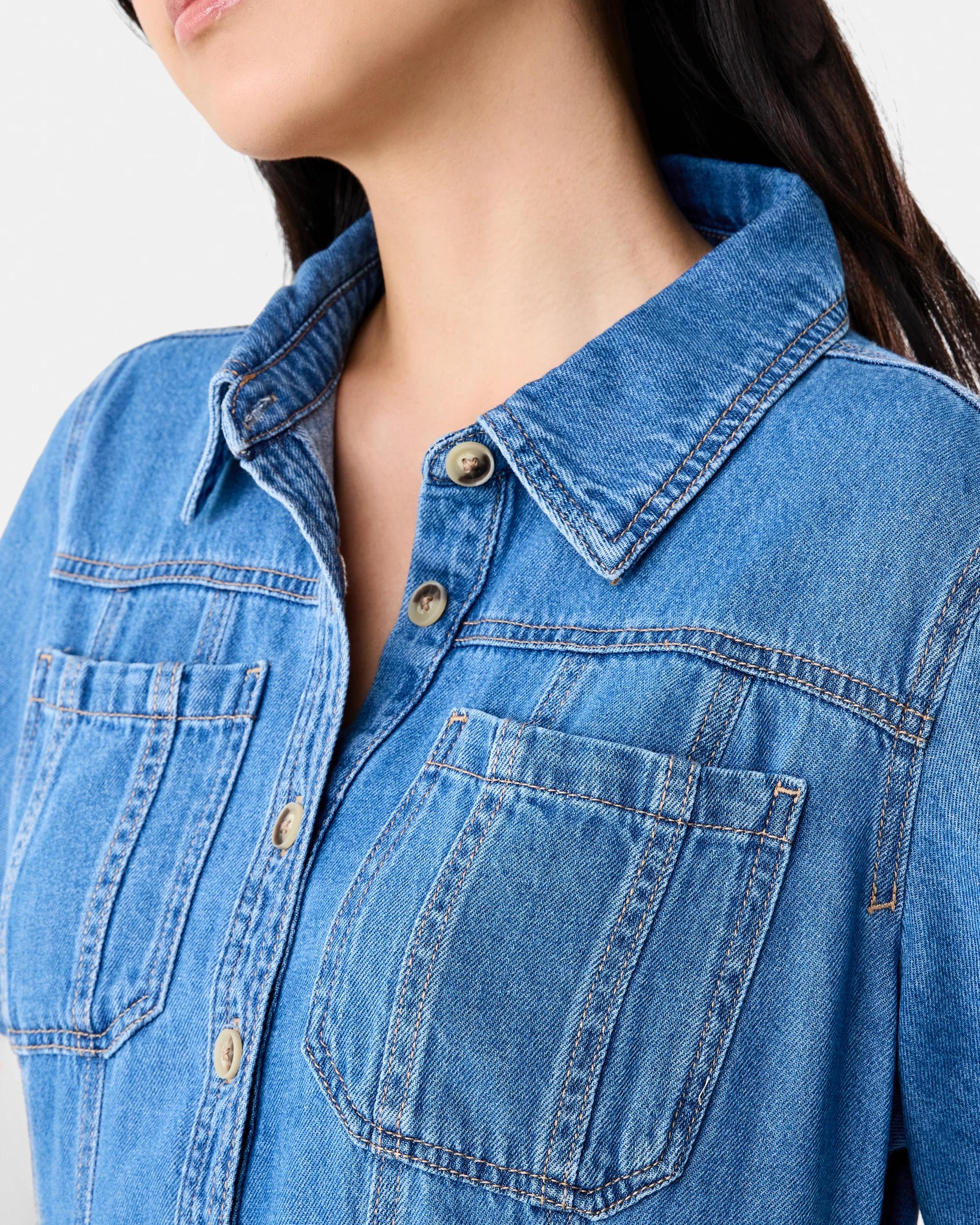 6 Short Sleeve Denim Button Through Midi Dress Dark Wash, 6 of 9