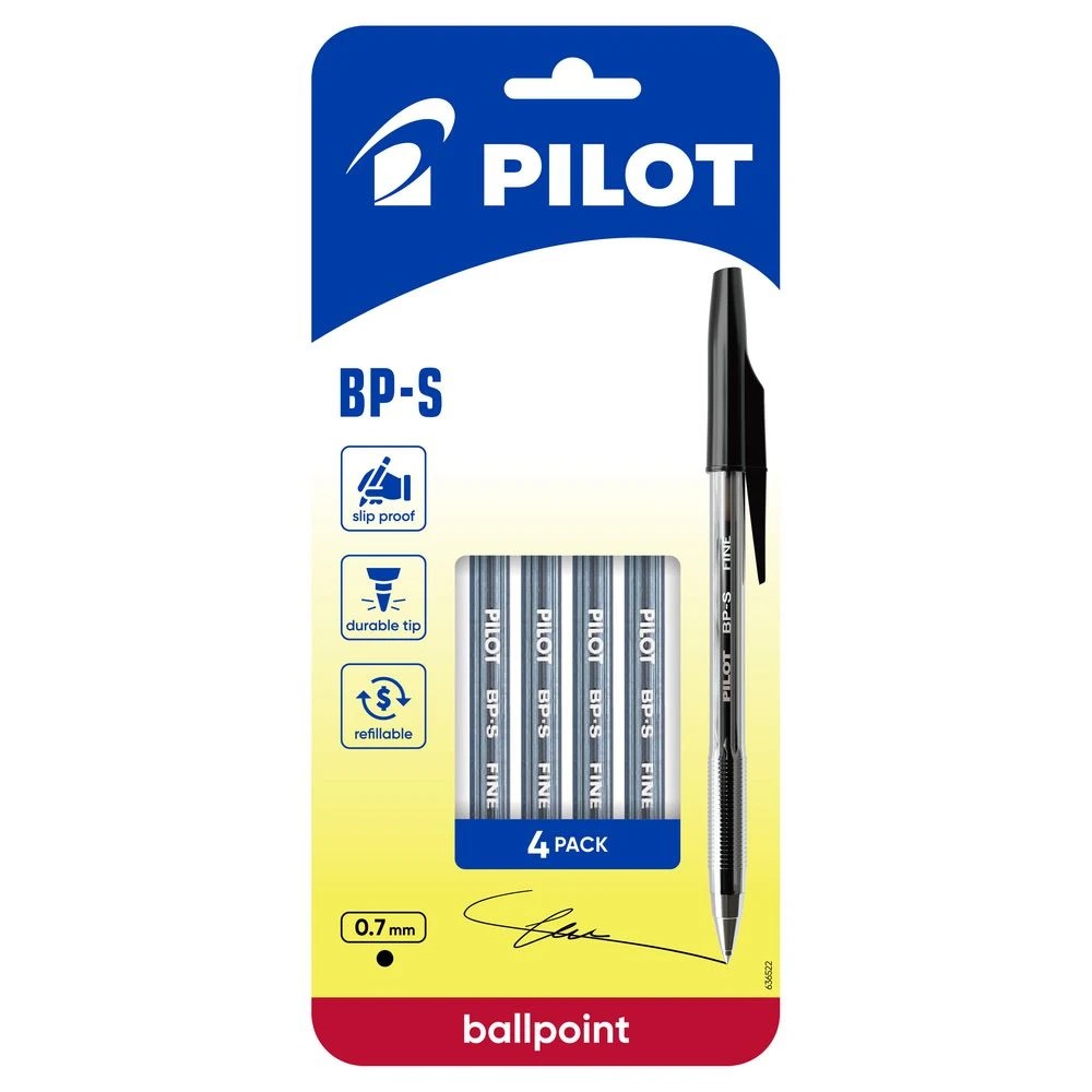 1 PILOT BP-S Ballpoint Pen Fine 0.7mm Black 4 Pack, 1 of 8