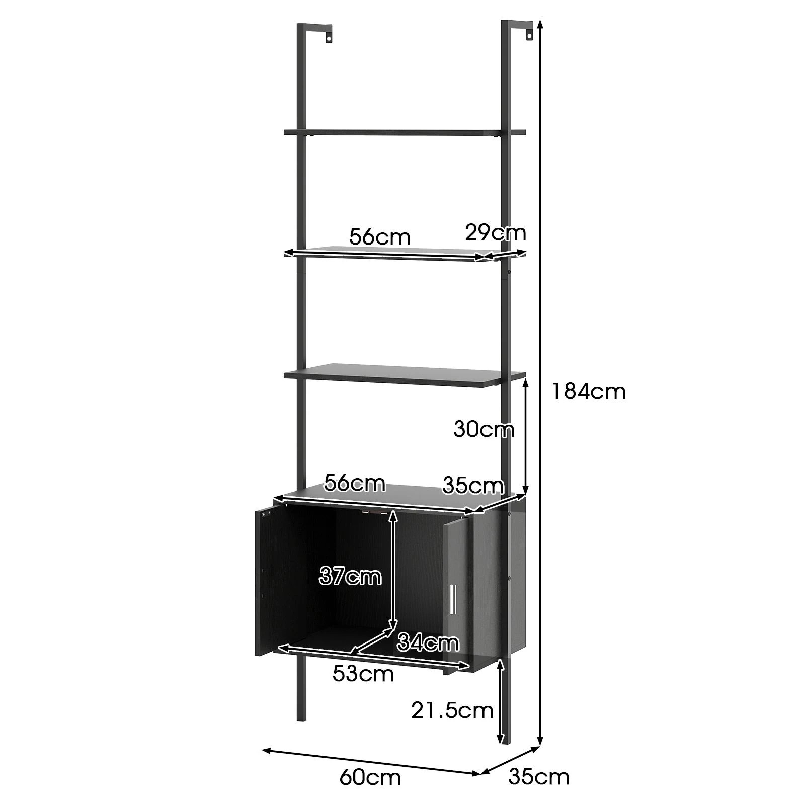 3 Costway 5-Tier Bookshelf Wall Mount Ladder Bookcase w/Cabinet & Metal Frame Display Rack - Black, 3 of 4