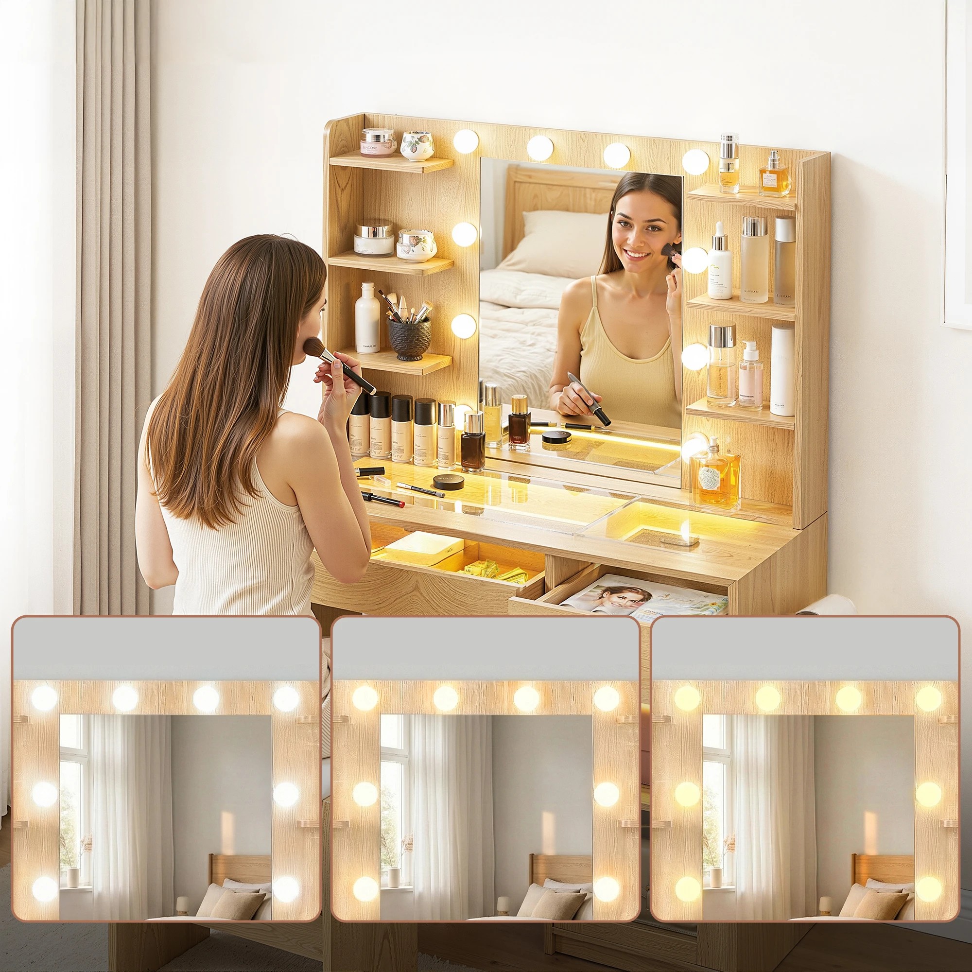 4 Artiss Dressing Table Vanity Desk Set 10 LED Bulbs RGB Light - Natural, 4 of 9