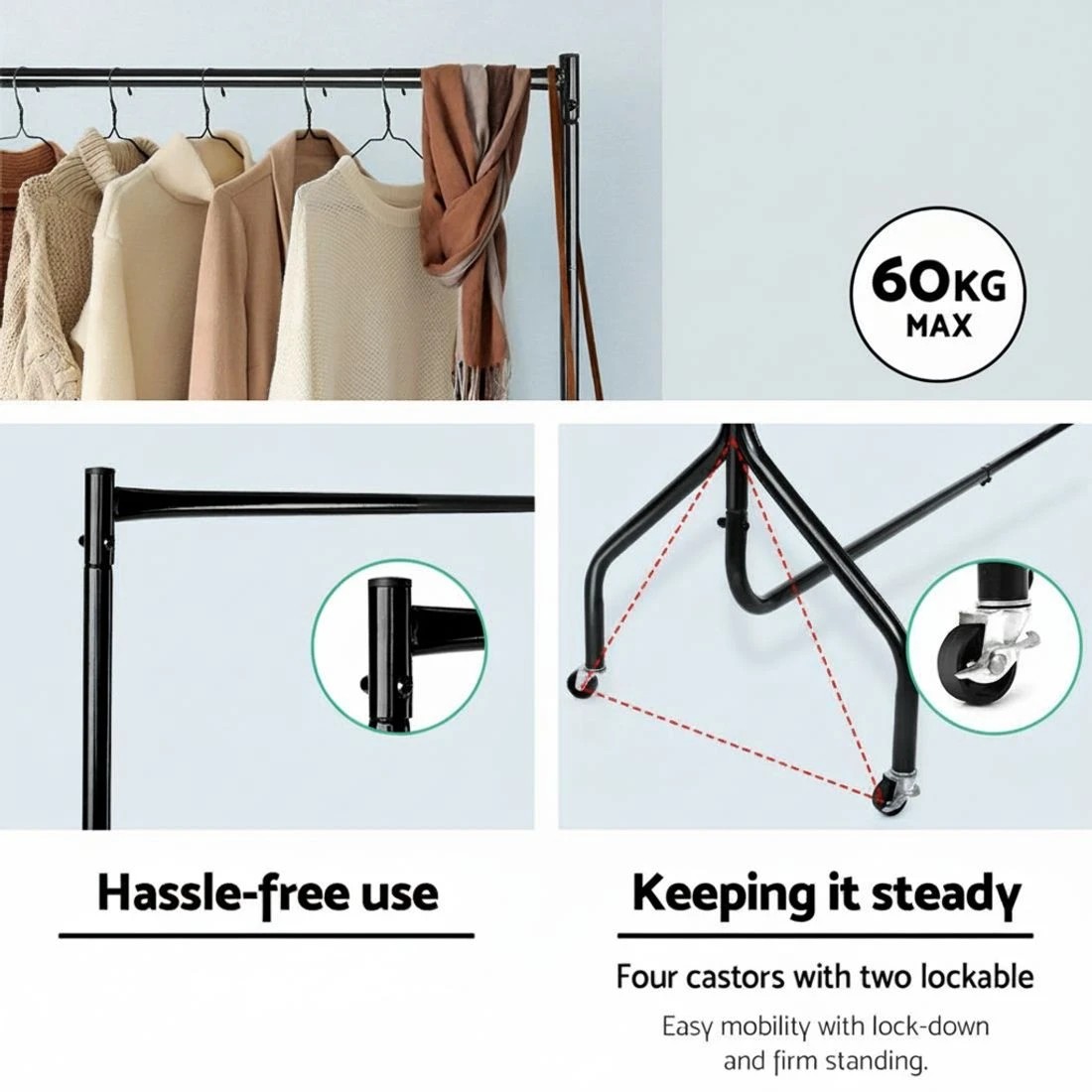 5 Artiss Clothes Rack 2-Pack 6ft Rail with Wheels Garment Racks Portable Heavy Duty Space Saving Bedside Table - Black, 5 of 7