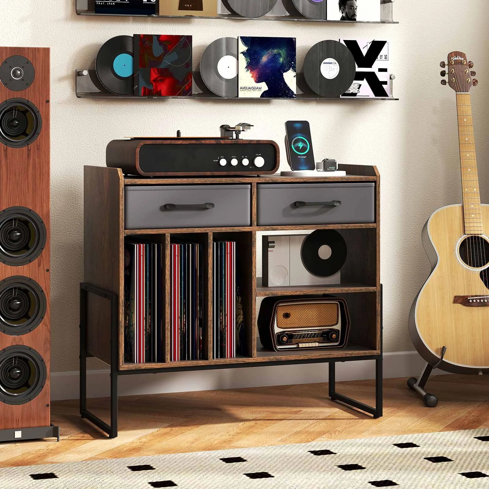 2 Costway Record Player Stand Vinyl Cabinet w/Charging Station, 2 of 4