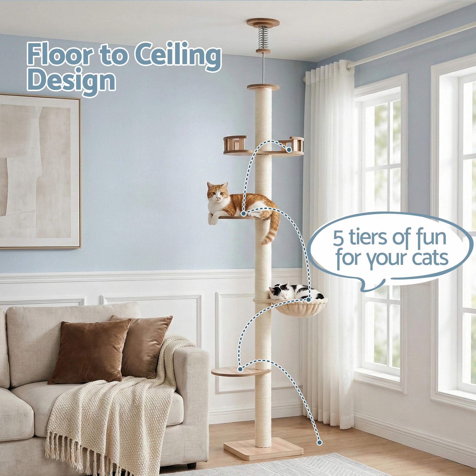 4 i.Pet Cat Tree Tower Floor to Ceiling Scratching Post 270cm - Beige, 4 of 9