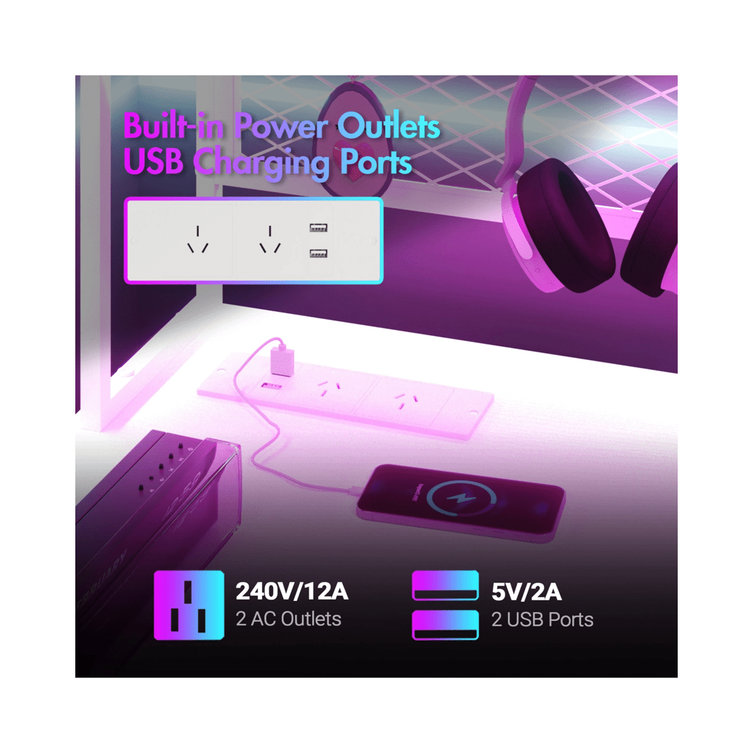 3 Advwin 170cm L Shaped Gaming Desk With Led Lights & Power Outlets Reversible Storage Shelf Computer Corner Desk White, 3 of 10