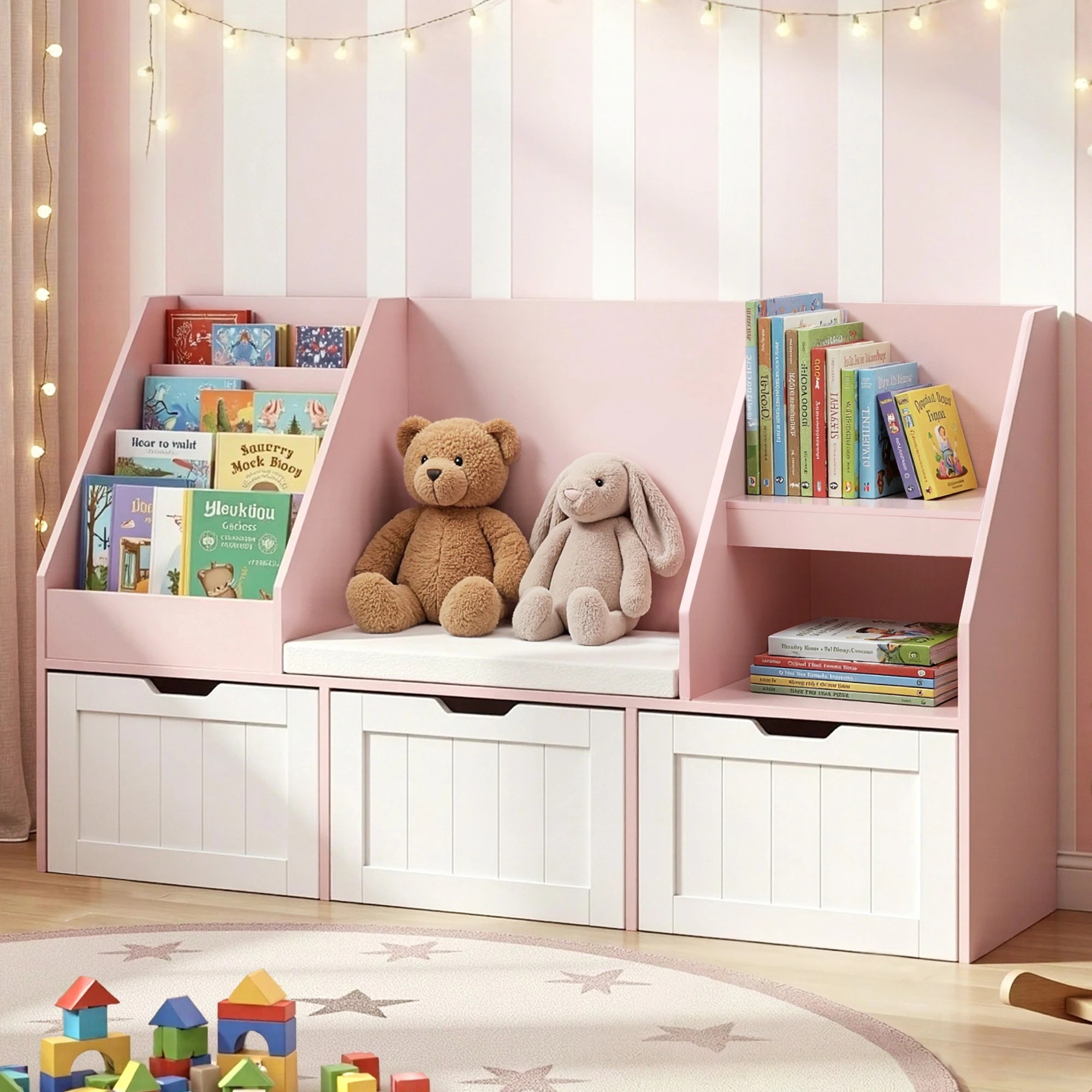 2 Keezi Kids Bookshelf Storage Organiser Toy Box Drawer Bench Seat Cabinet - Pink, 2 of 9