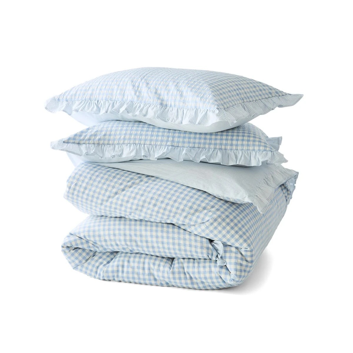7 Gingham Ruffle Reversible Cotton Quilt Cover Set - King Bed, Blue, 7 of 8