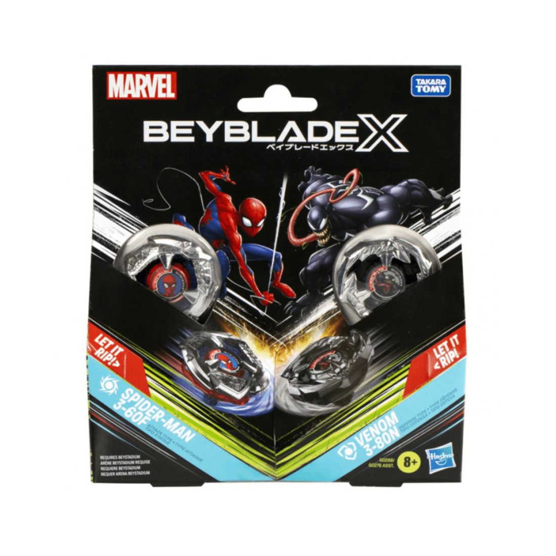 1 Hasbro Beyblade X Marvel Collab: Spider-Man 3-60F vs. Venom 3-80N Dual Pack, 1 of 2