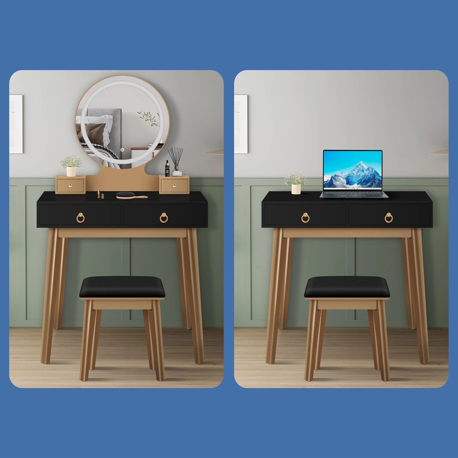 6 Alfordson Dressing Table Stool Set Makeup Mirror Vanity Desk LED Light - Black, 6 of 10