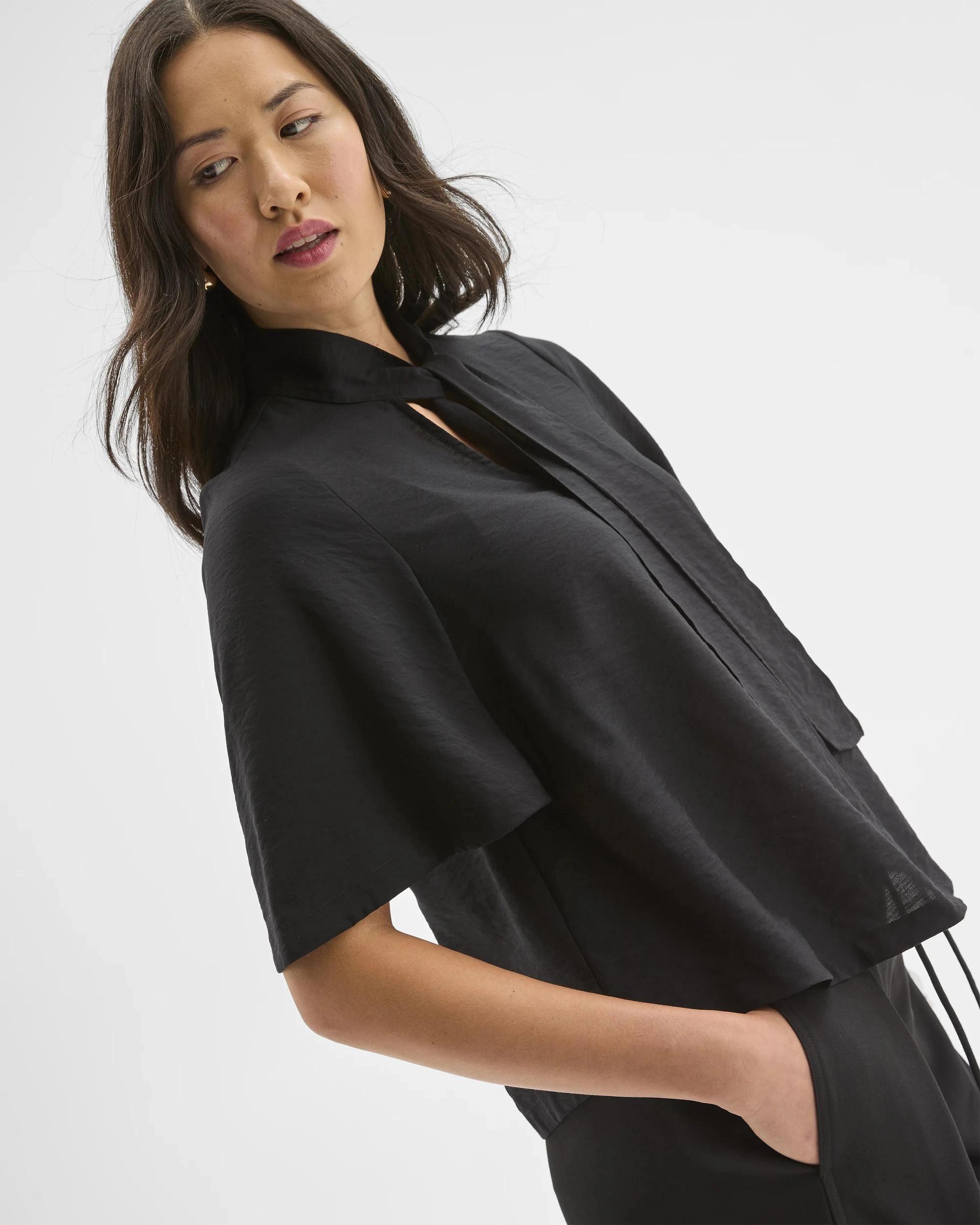 7 Preview Short Sleeve Tie Neck Blouse BLACK, 7 of 9