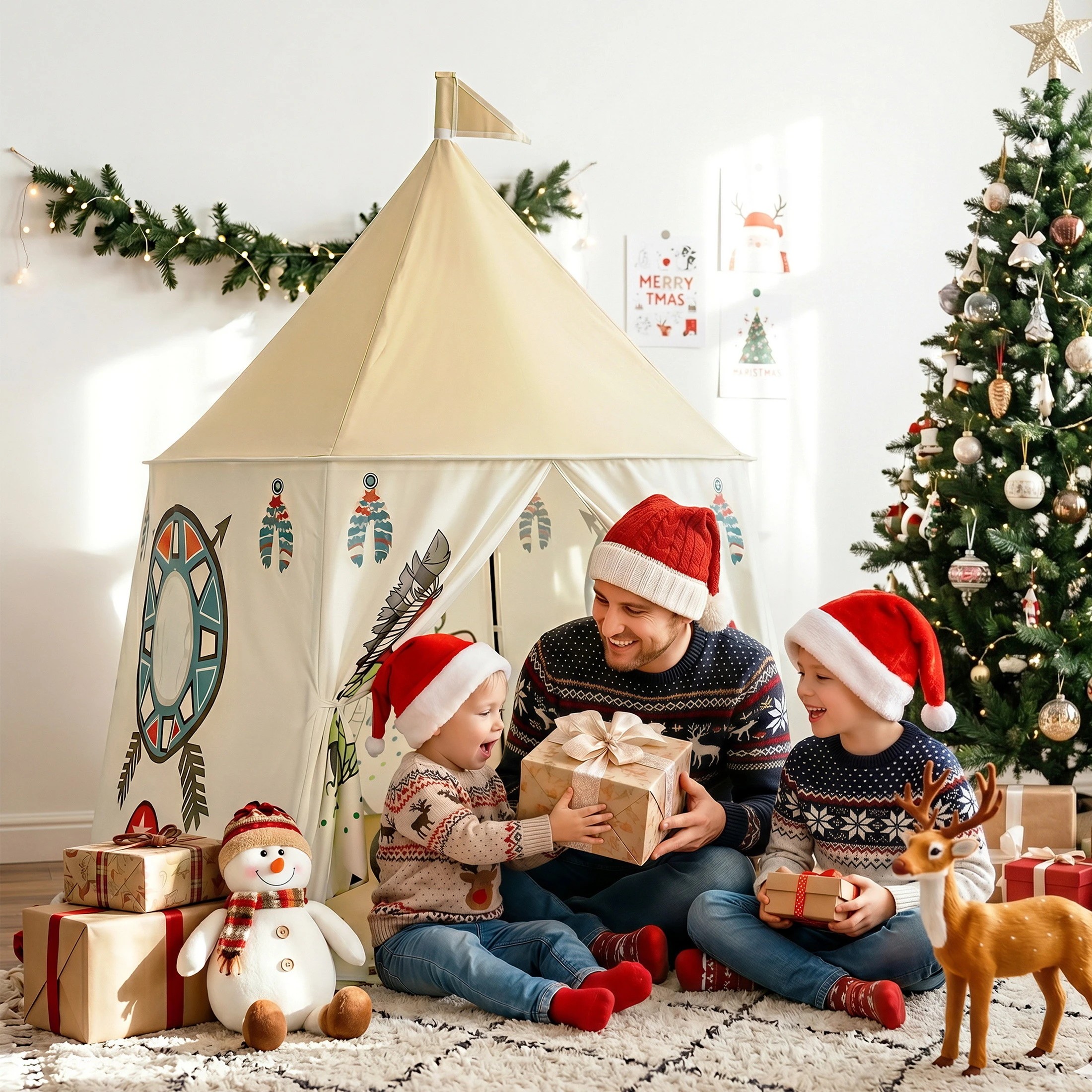 7 Keezi Kids Play Tent Playhouse Castle with Window Carry Bag 115cmx115cm Cute Flag - Multi, 7 of 7