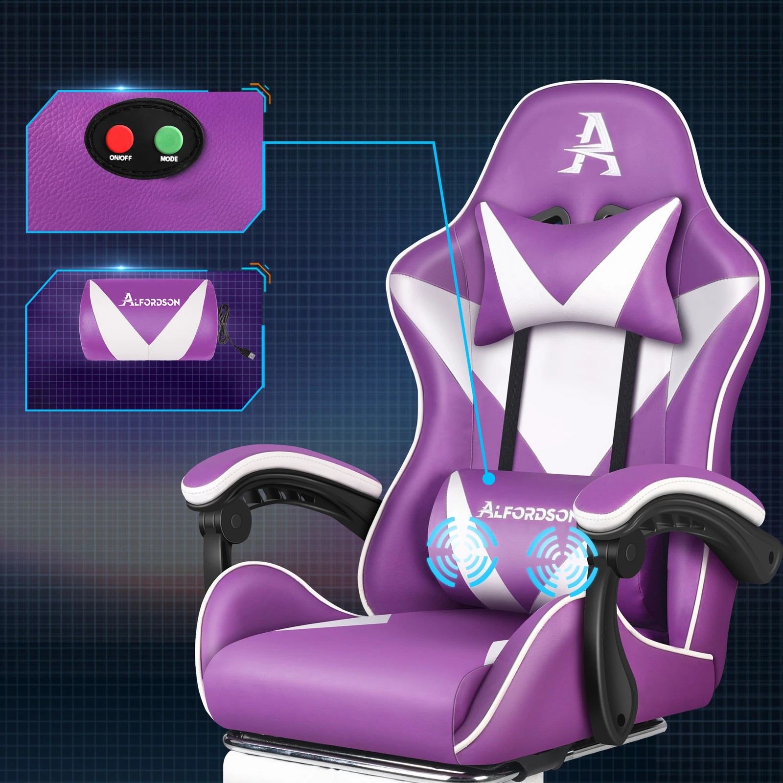 3 Alfordson Gaming Office Chair Massage Computer Footrest Leather - Purple White, 3 of 10