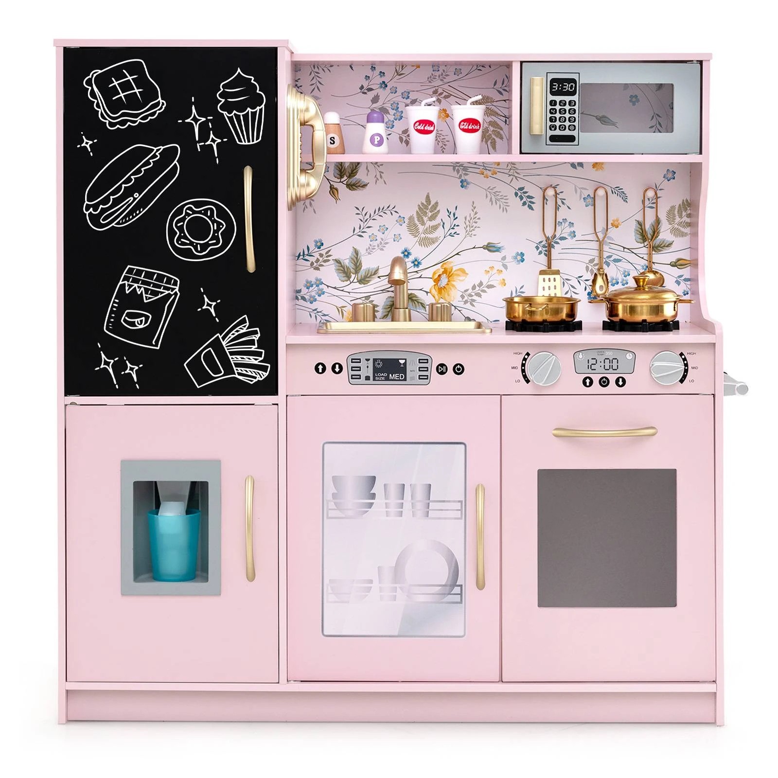 1 Costway 80x24x82 cm Kitchen Playset Pretend Cooking Toy w/Cookware & Blackboard - Pink, 1 of 2