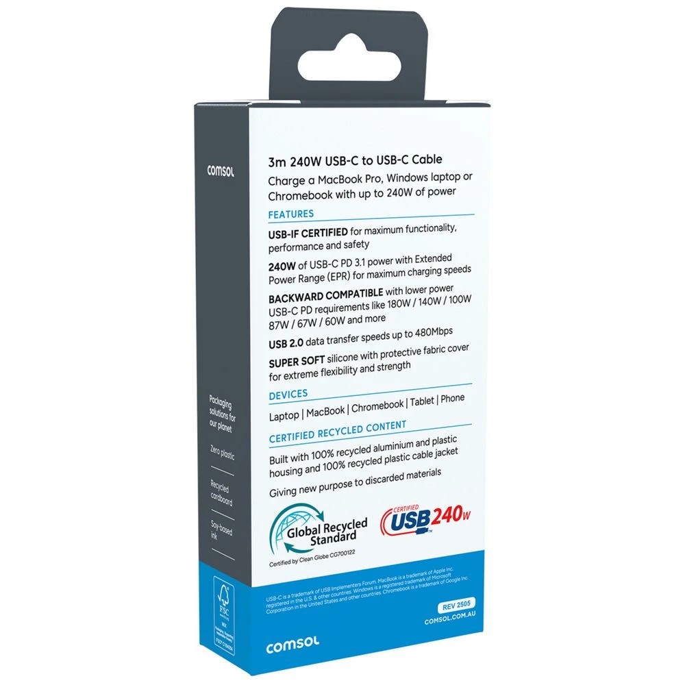 3 Comsol USB-C to USB-C Charge Cable 240W 3m, 3 of 4