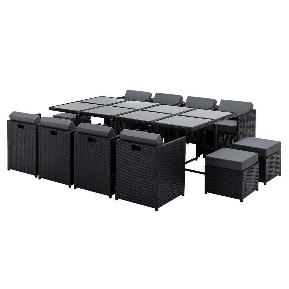 1 Gardeon Outdoor Dining Set 13 Piece Wicker Table Chairs Setting - Black, 1 of 8