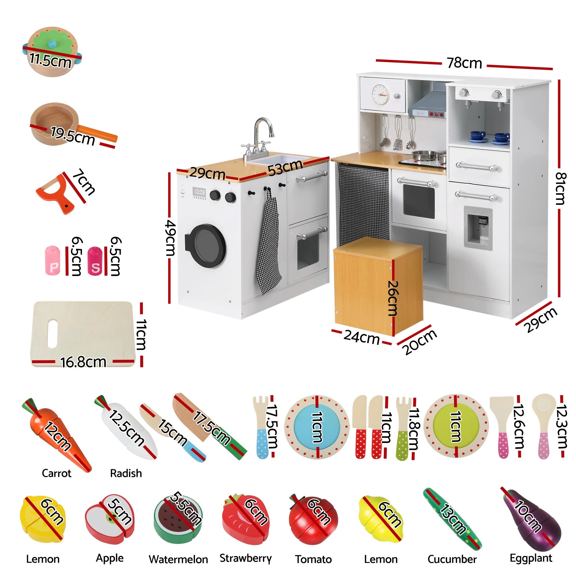 4 Keezi Kids Wooden Pretend Play Kitchen with 29pc Cutting Food Toy Set - Multi, 4 of 8
