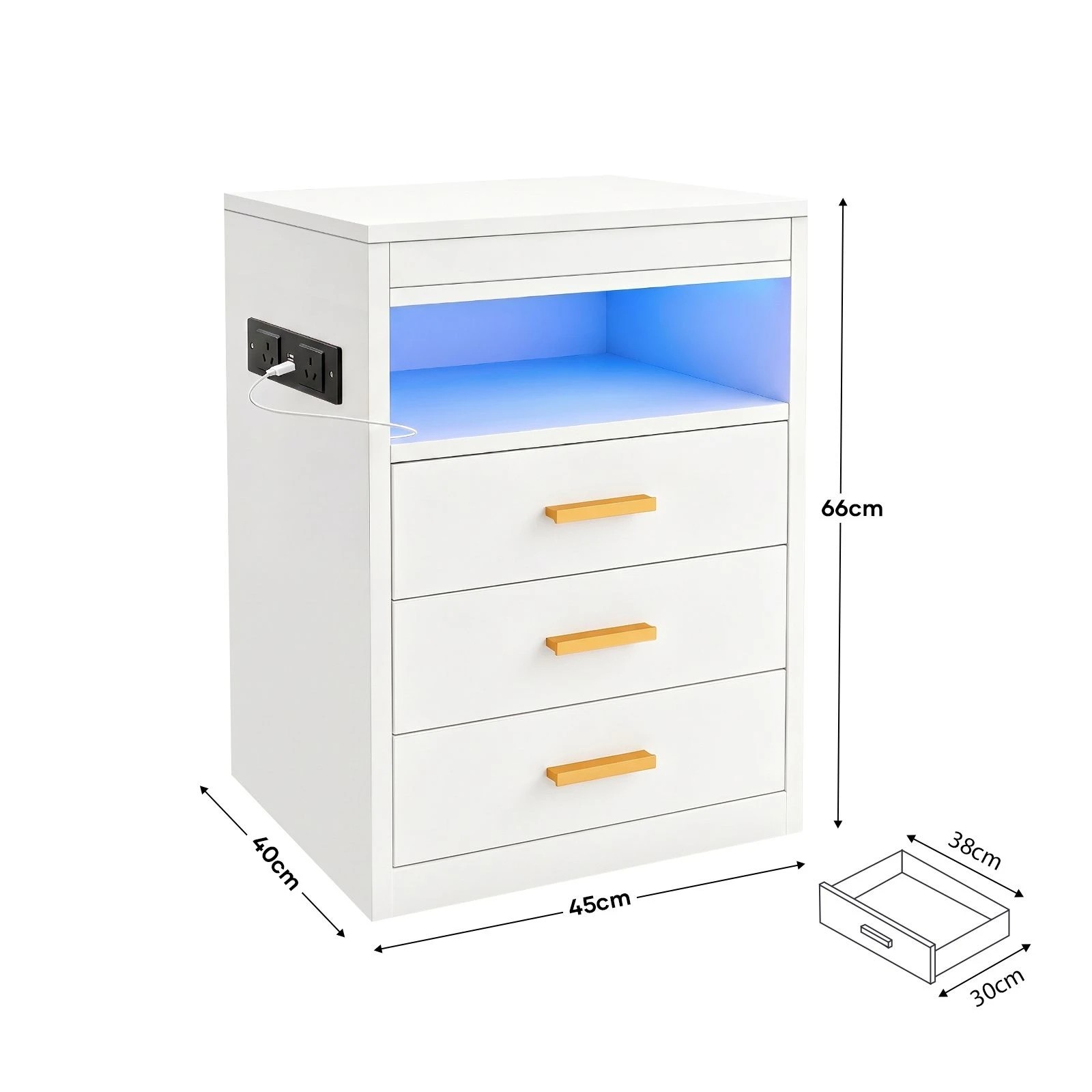 LUXSUITE Bedside Table LED Nightstand with 3 Drawers, Charging Station ...
