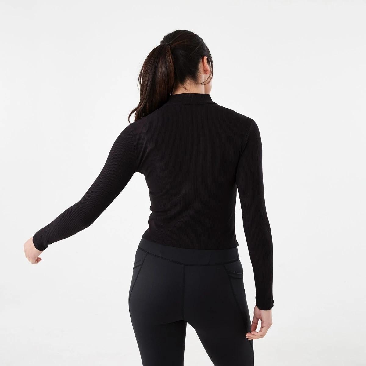 4 Active Womens Ribbed Zip Through Long Sleeve Top Black, 4 of 7