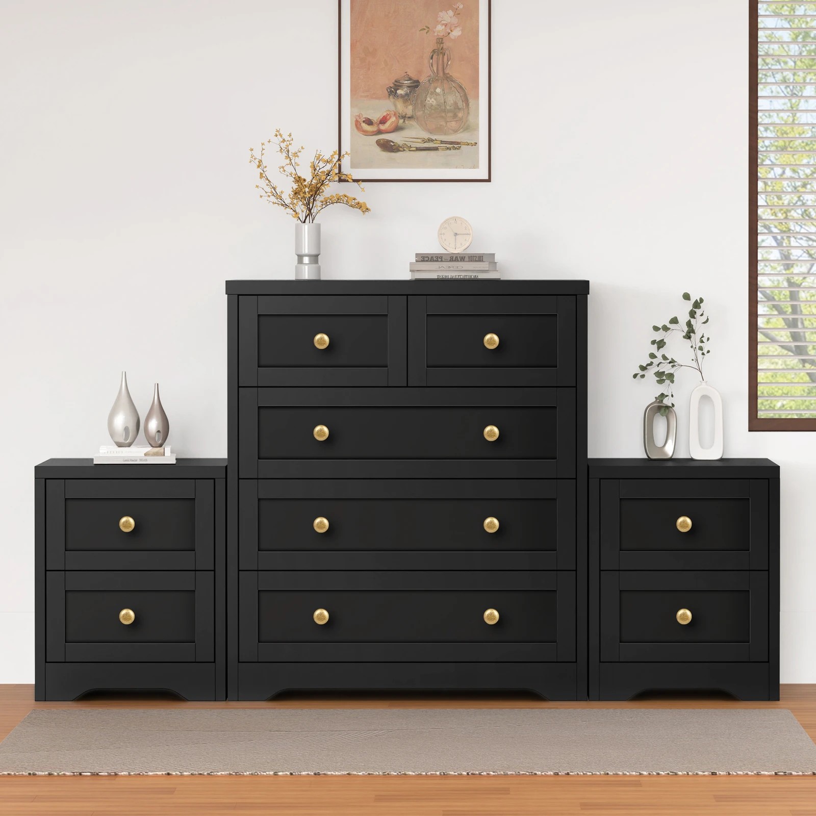 2 Alfordson 5 Chest of Drawers 2x Bedside Table Hamptons Bedroom Storage - Black, 2 of 10