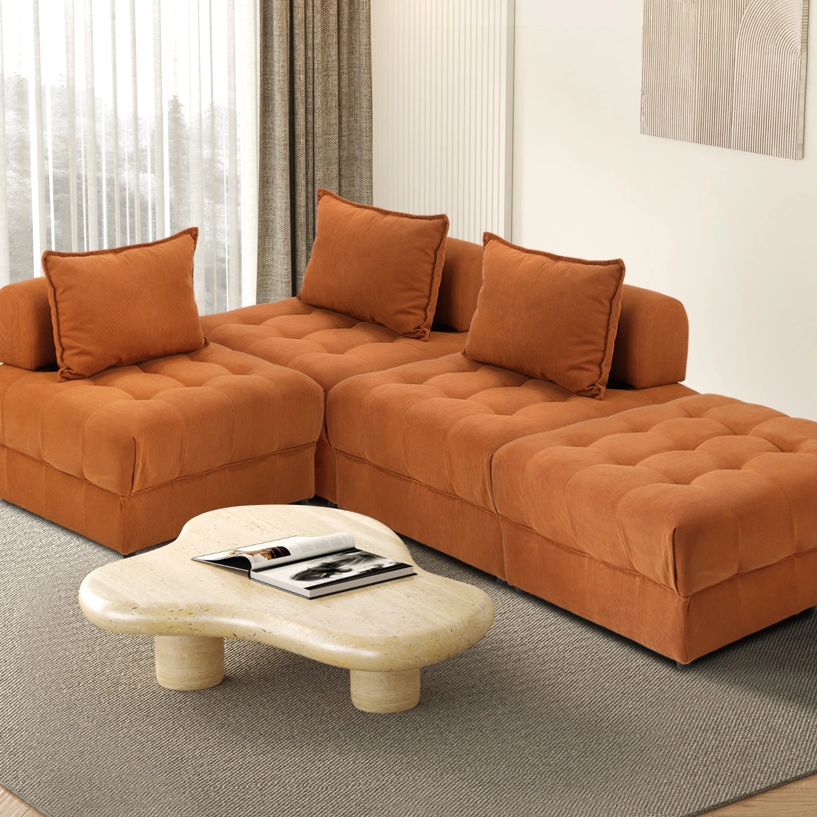 7 Oikiture 4 Seater Velvet Modular Sofa & Ottoman Set Armless Tofu Back
 - Brown - Brown, 7 of 8