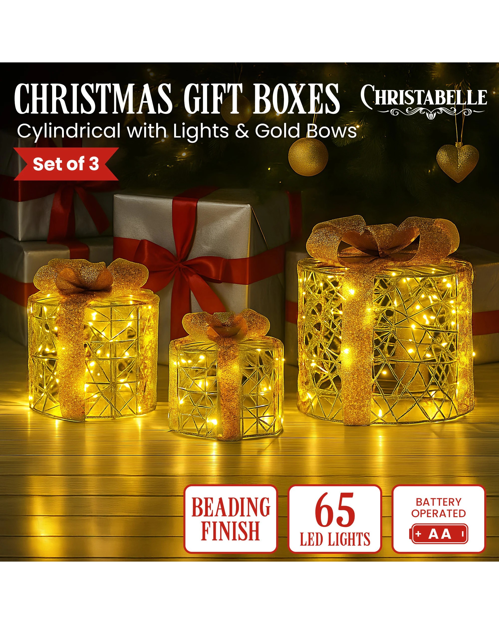 7 Christabelle Set Of 3 Golden Christmas Gift Boxes Led Lights Indoor Holiday Decoration Ornament, 7 of 7