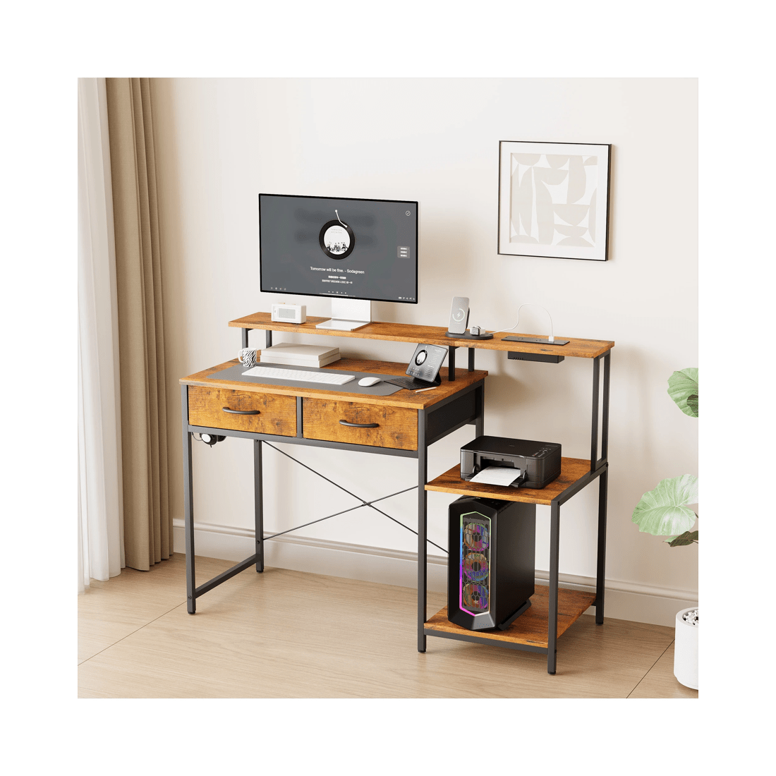 7 Advwin Gaming Desk With Led Lights Power Outlets Reversible Printer Storage Shelf 120cm Walnut, 7 of 10