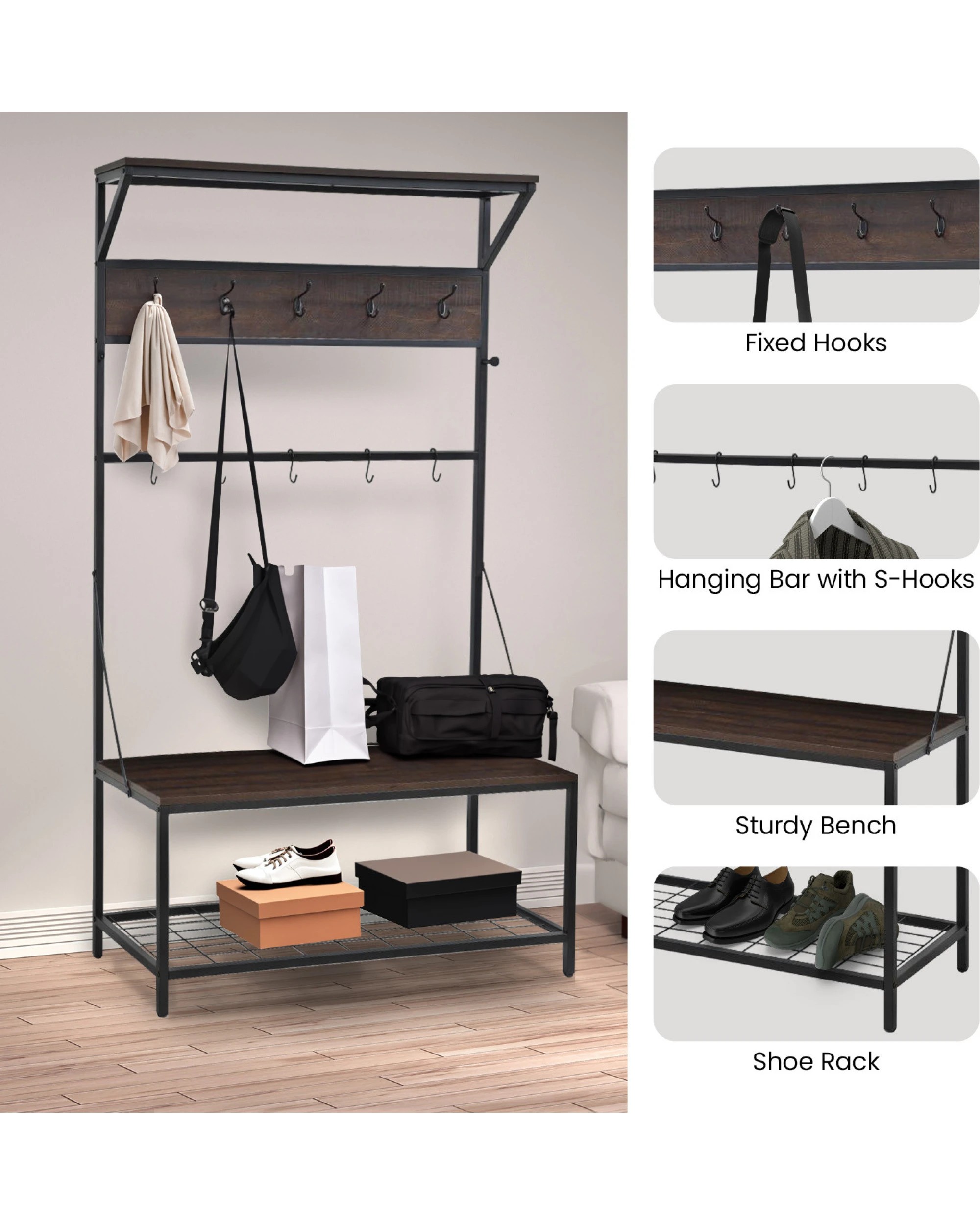 6 Sarantino 4-in-1 Hall Tree Entryway Coat Rack Hall Stand, 6 of 10