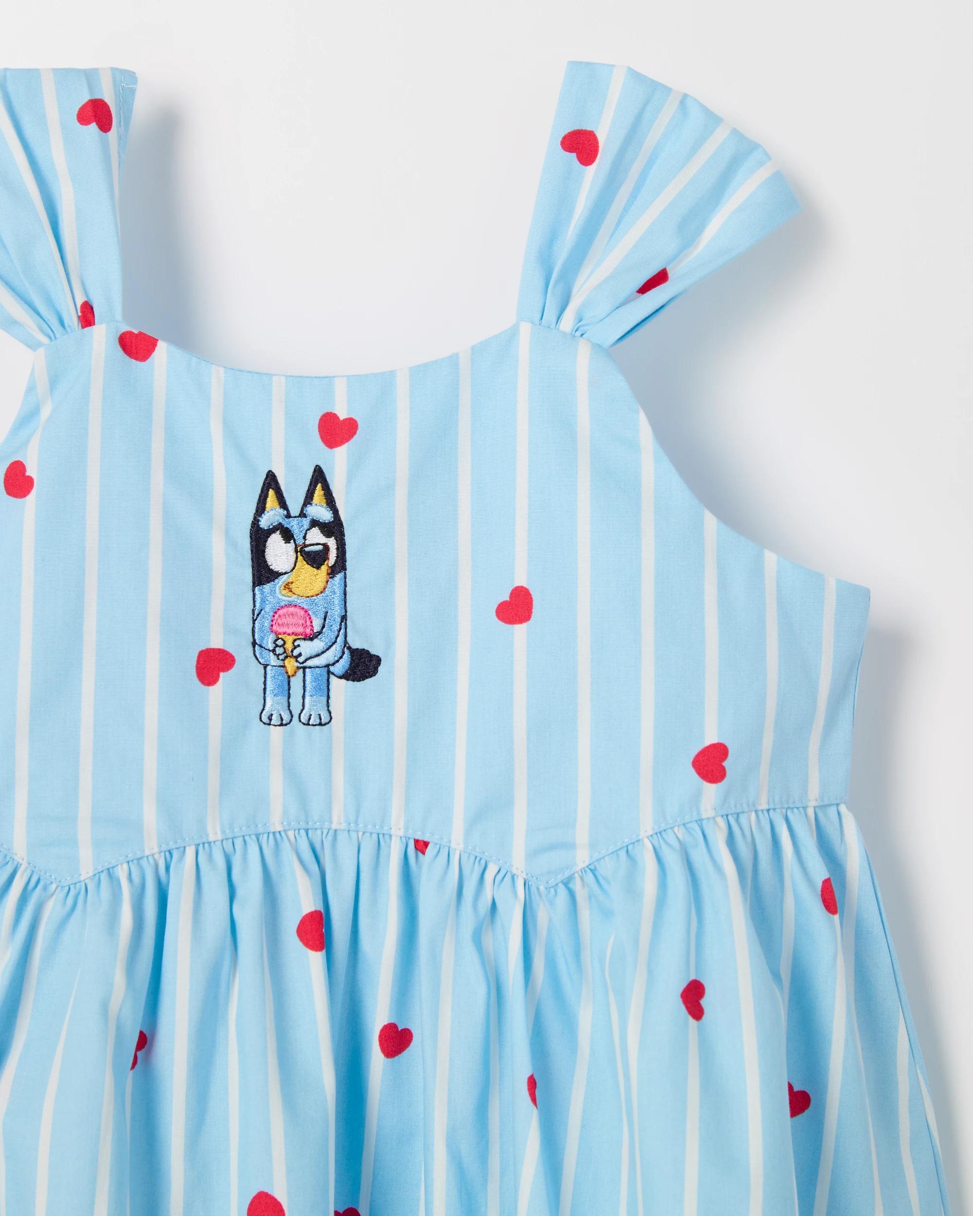 2 Bluey Australian Cotton Sleeveless Dress BLUE WHITE STRIPE HEARTS, 2 of 2