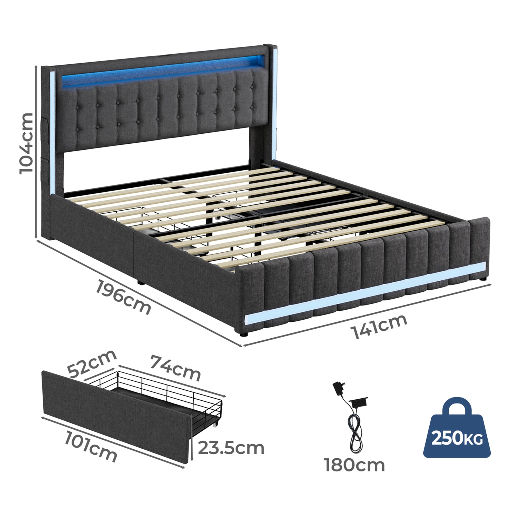 3 Levede Double Size Bed Frame Linen Fabric with LED Charging Station and 4 Drawers, 3 of 8
