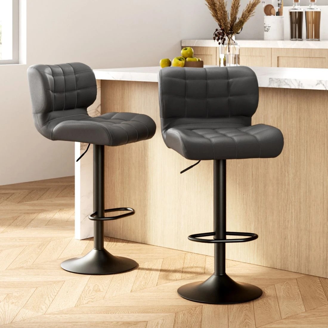 3 Artiss 2x Bar Stools Gas Lift Leather Padded - Grey, 3 of 5