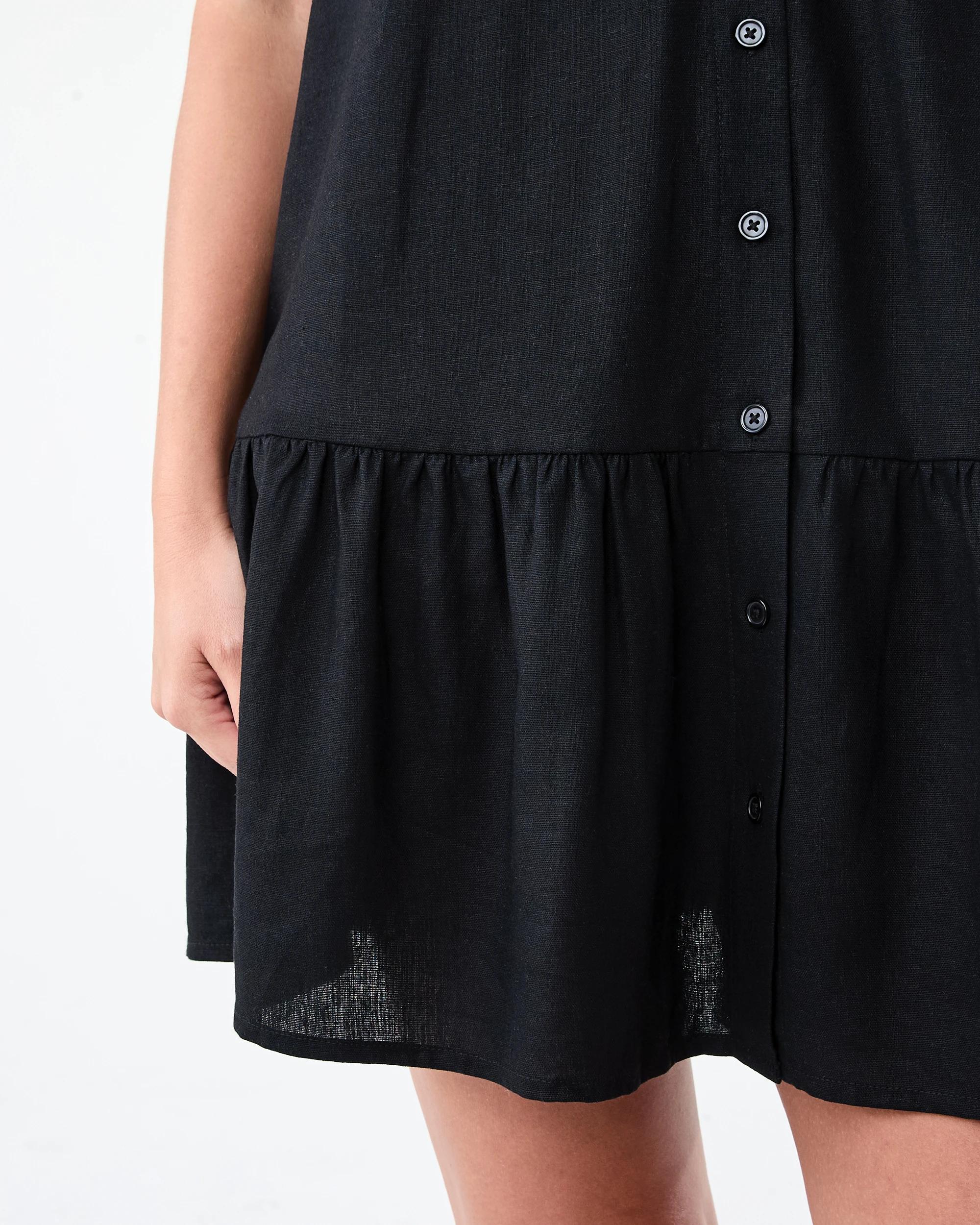 7 Short Sleeve Linen Blend Drop Tier Mini Dress Black, 7 of 8