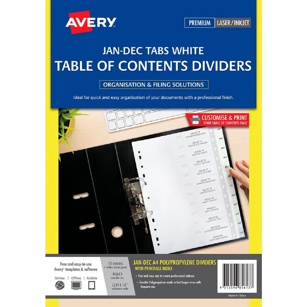 1 Avery Polypropylene A4 Printed Tabs Dividers Jan - Dec White, 1 of 2