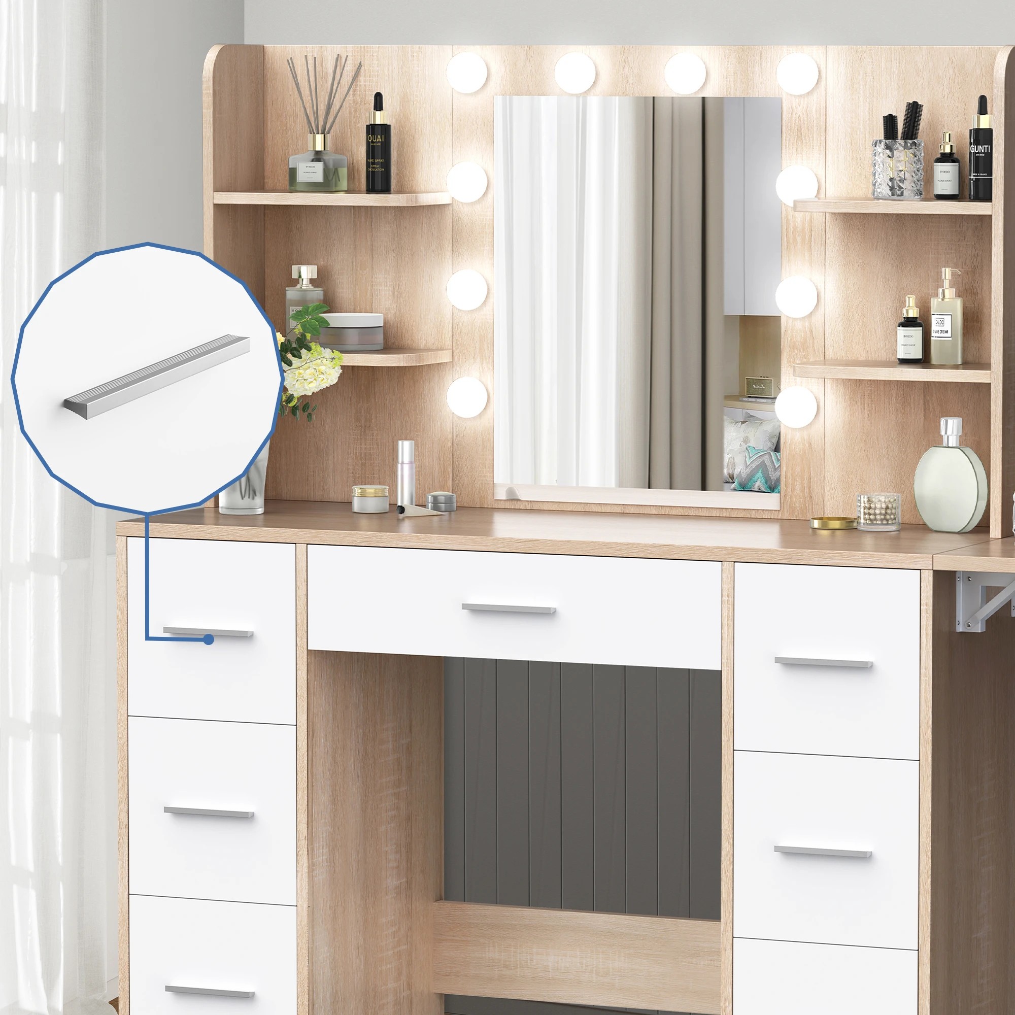5 Alfordson Dressing Table Stool Set Makeup Mirror Vanity Desk LED Bulbs - Oak, 5 of 10