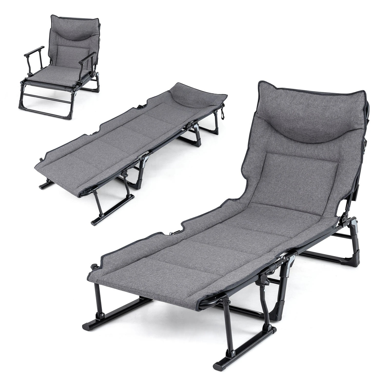 1 Costway 3 in 1 Folding Camping Cot Lounge Sleeper Bed Sofa Chair w/6-Position Adjustable, 1 of 3