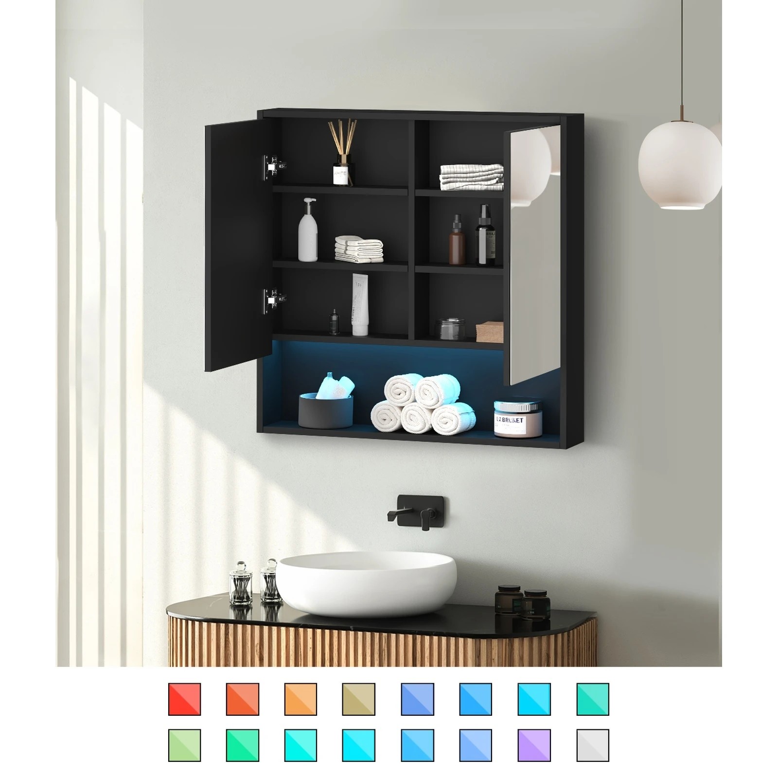 3 Welba Bathroom Mirror Cabinet Storage 750x750mm - Black, 3 of 7