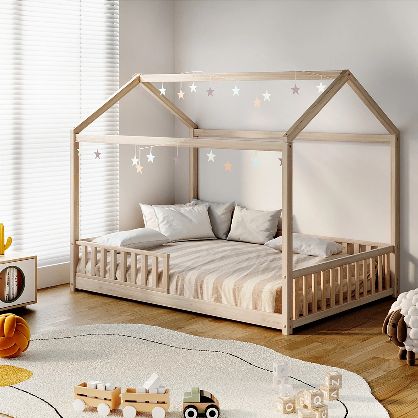 3 Oikiture Kids Wooden Bed Frame House Beds Platform Double Natural Timber Pine
 - Natural, 3 of 10