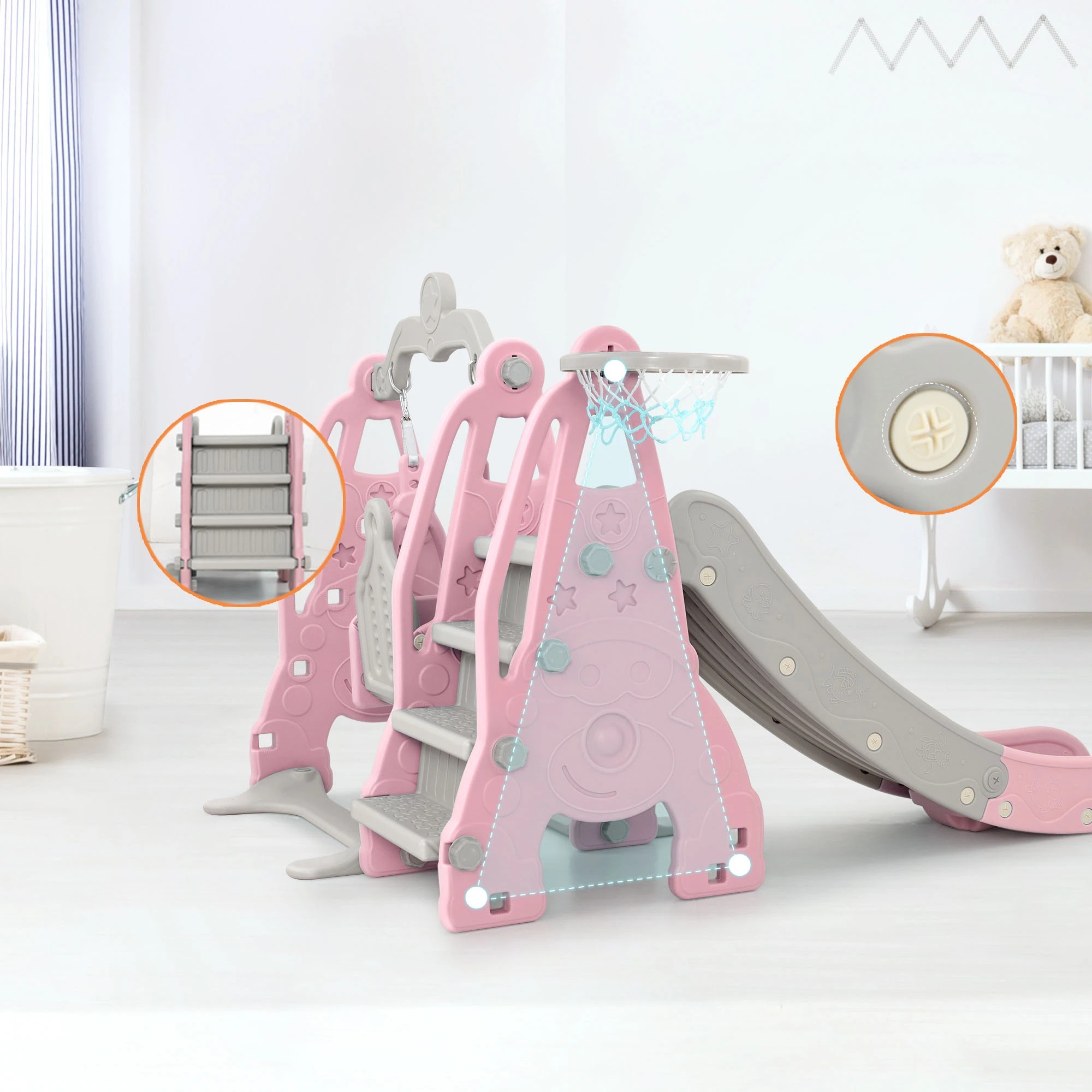8 Keezi Kids Slide Swing Set Basketball Hoop Outdoor Playground Toys 170cm - Pink, 8 of 9