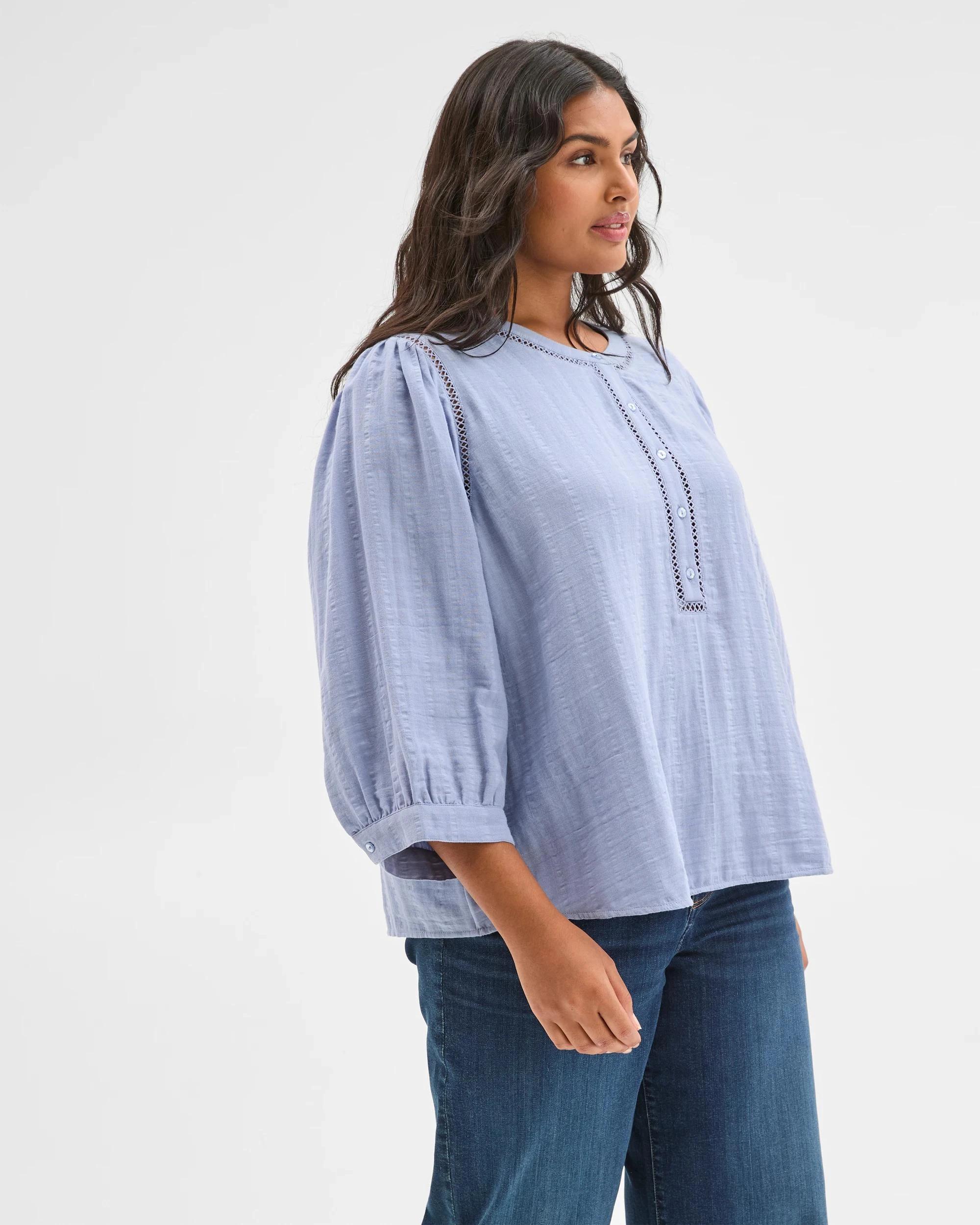 3 Target Curve Plus Size 3/4 Sleeve Double Cloth Woven Top DUSTY BLUE, 3 of 6