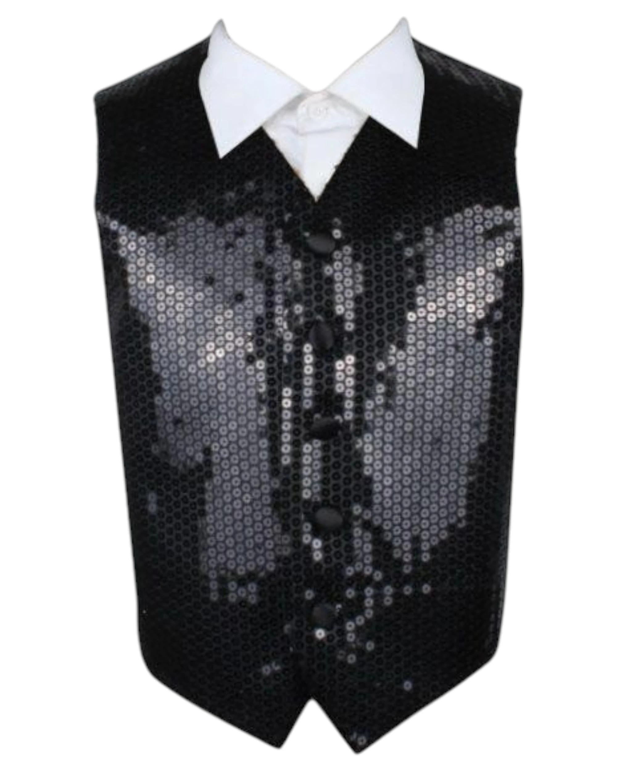 2 Zasel Boys Junior Sequin Patterned Vest Waistcoat BLACK, 2 of 2