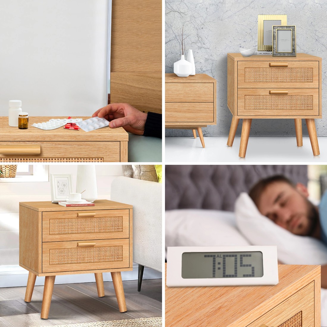 4 Alfordson Bedside Table Nightstand Side Storage Cabinet Boho Rattan - Wood, 4 of 10