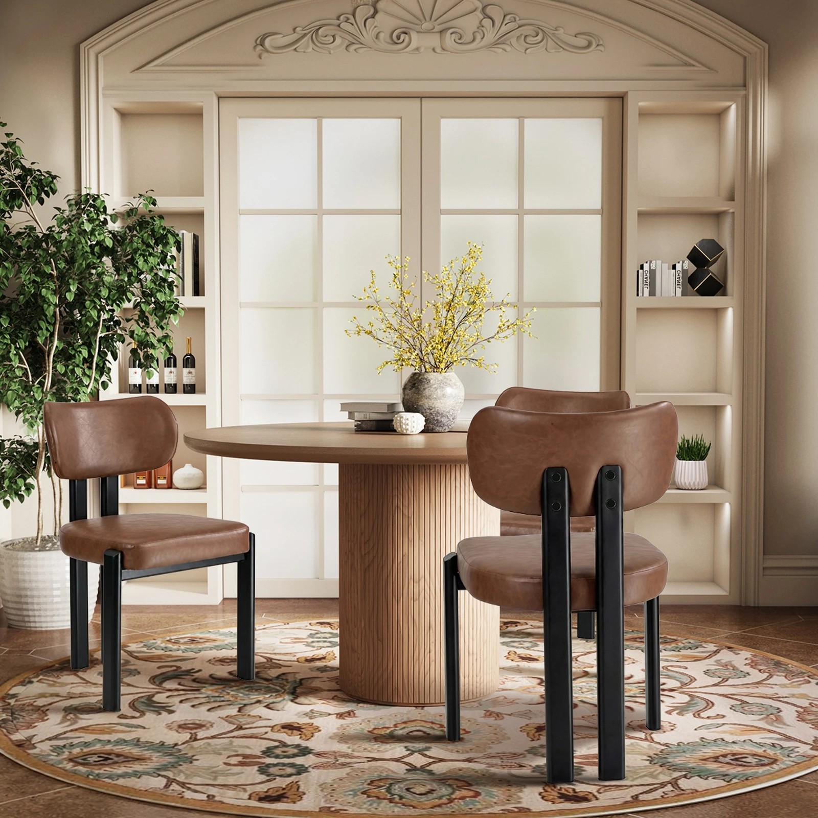 6 Oikiture Set of 2 Dining Chairs Faux Leather Fabric Kitchen Chair Padded Seat - Brown, 6 of 9