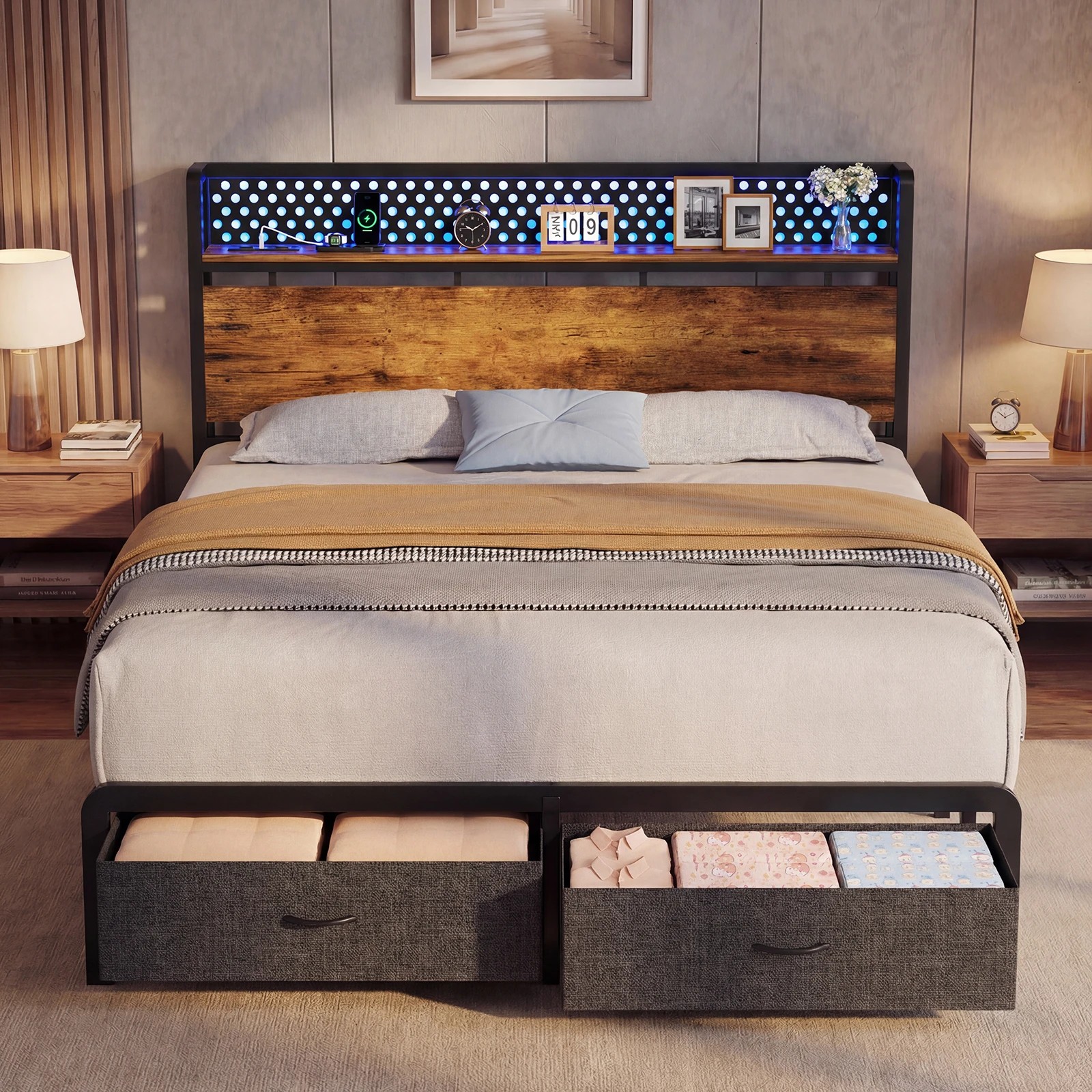 2 Advwin Queen Size LED Bed Frame with Charging and 2 Drawers - Brown, 2 of 9