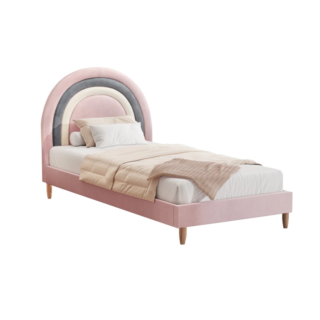 1 Oikiture Single Bed Frame Rainbow Kids Bed Base Velvet
 - Pink, 1 of 10