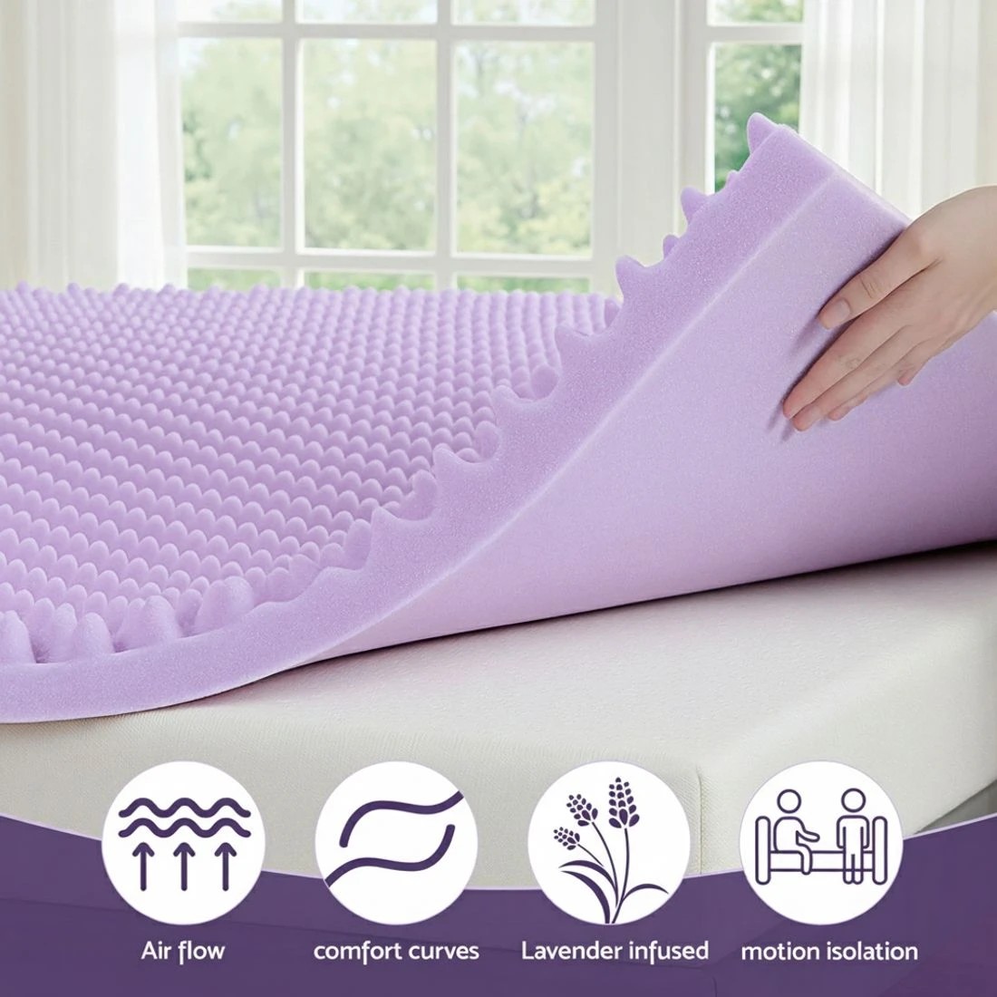 6 Giselle 5cm Memory Foam Mattress Topper Lavender Infused Egg Crate Pad Mat Single - Single Bed - Purple, 6 of 7