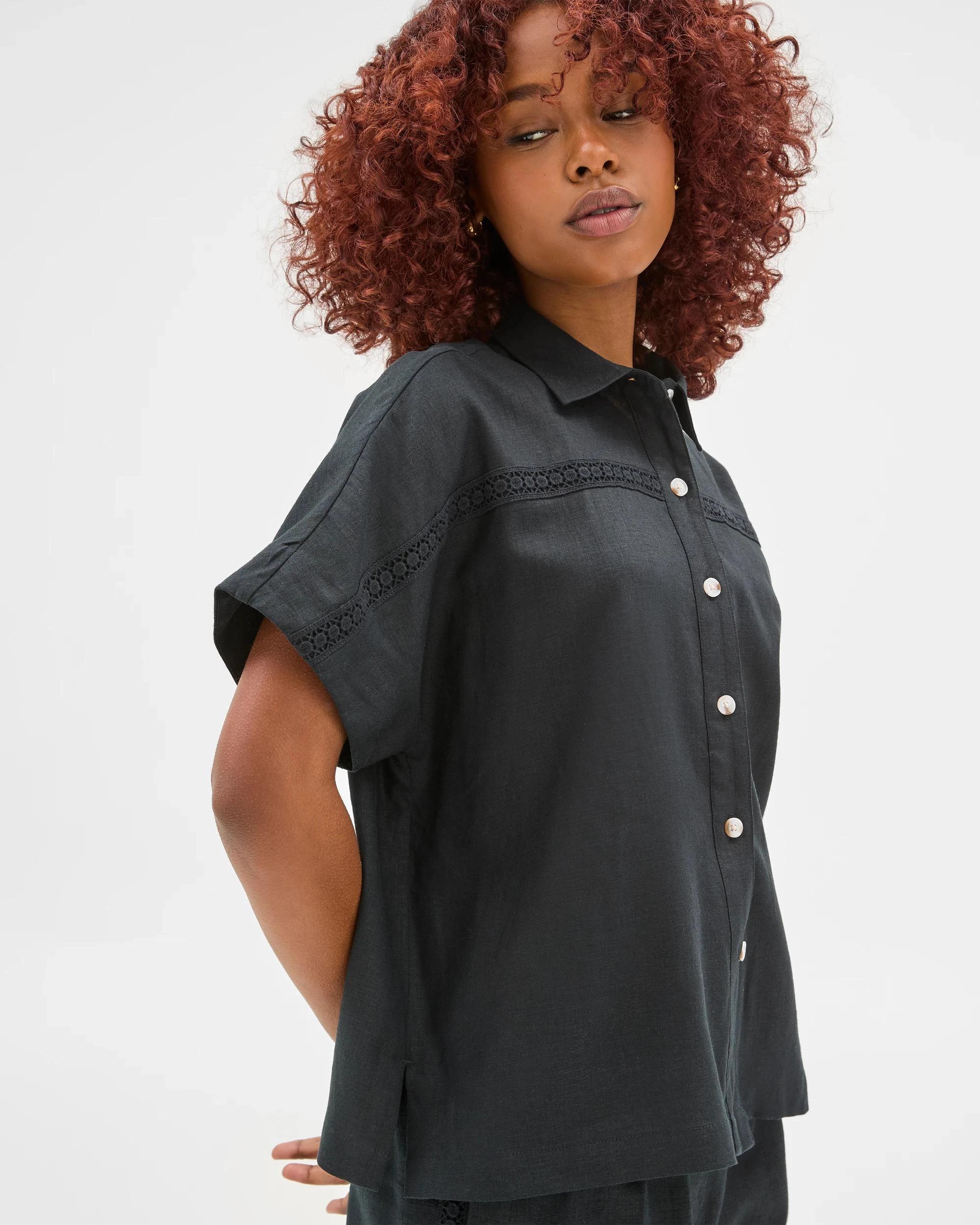 4 Target Petites Linen Blend Crochet Trim Shirt BLACK, 4 of 6