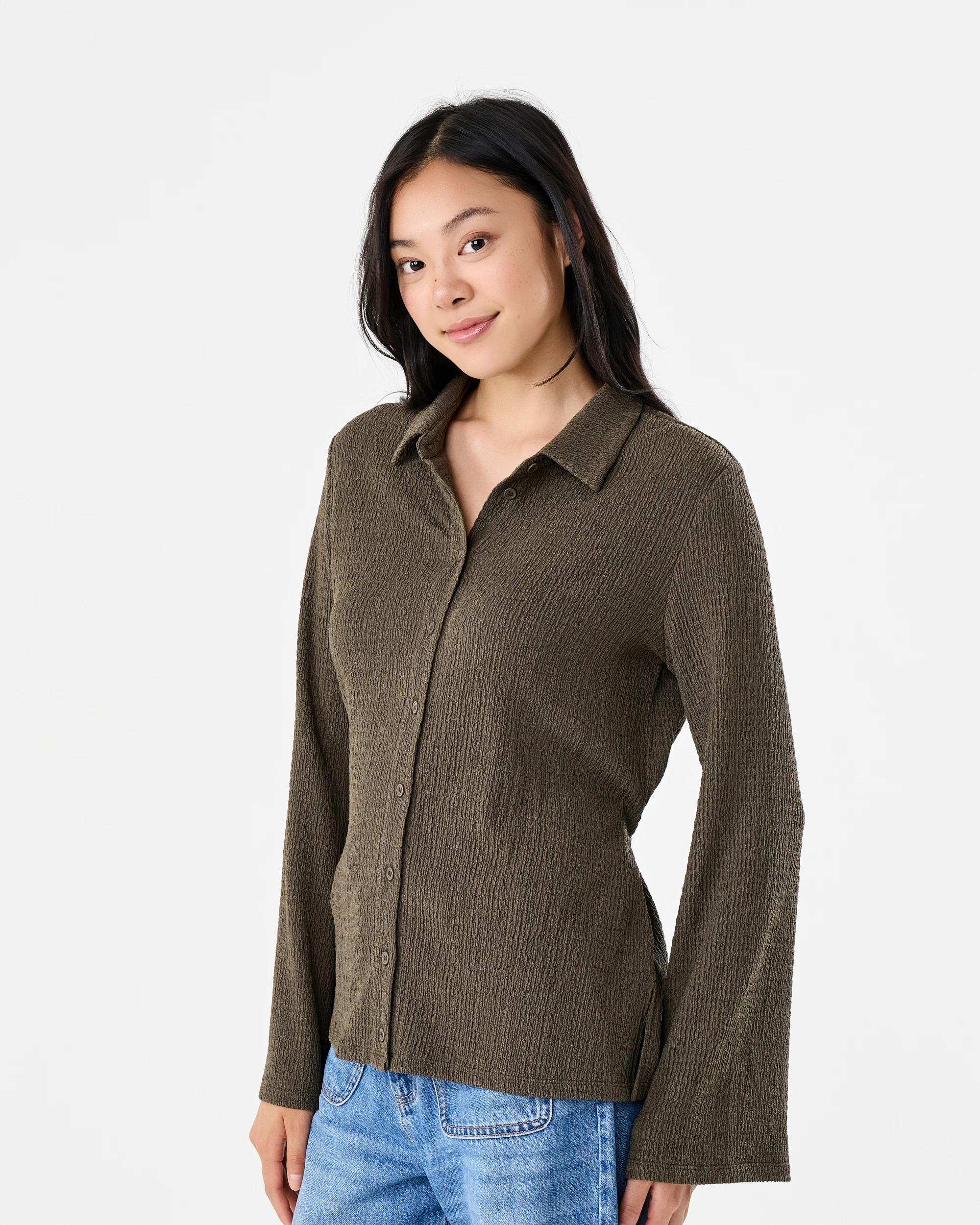 2 Long Sleeve Textured Tie Back Shirt Deep Olive, 2 of 7